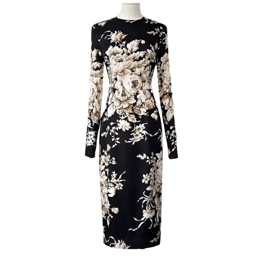 Beige roses & leaves print midi cocktail silk long sleeve dress - Dress By Vicky