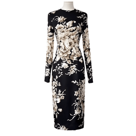 Beige roses & leaves print midi cocktail silk long sleeve dress - Dress By Vicky