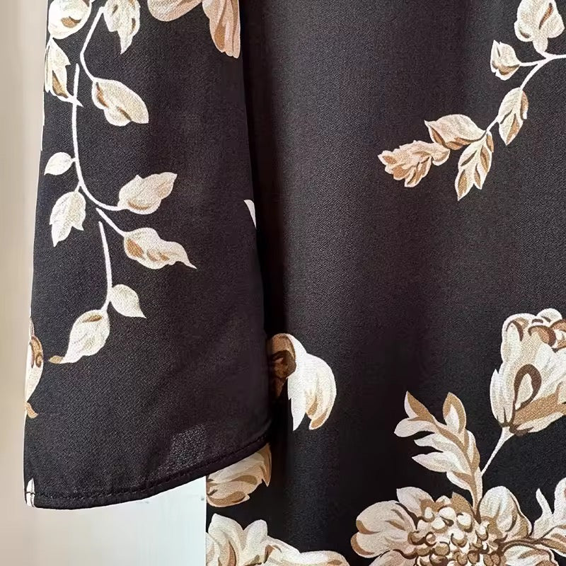 Beige roses & leaves print midi cocktail silk long sleeve dress - Dress By Vicky