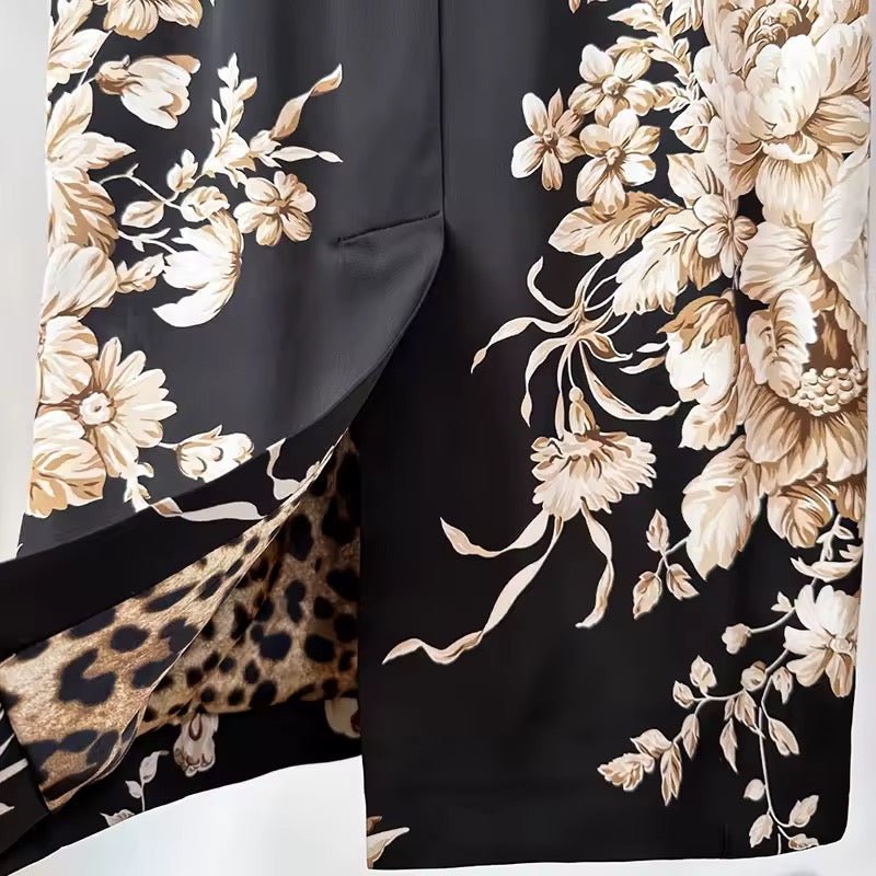 Beige roses & leaves print midi cocktail silk long sleeve dress - Dress By Vicky