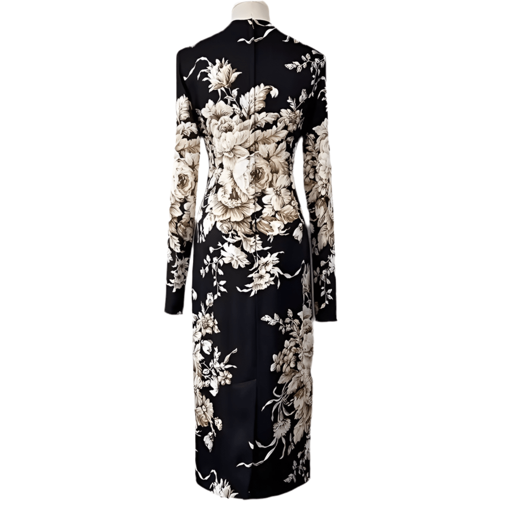 Beige roses & leaves print midi cocktail silk long sleeve dress - Dress By Vicky
