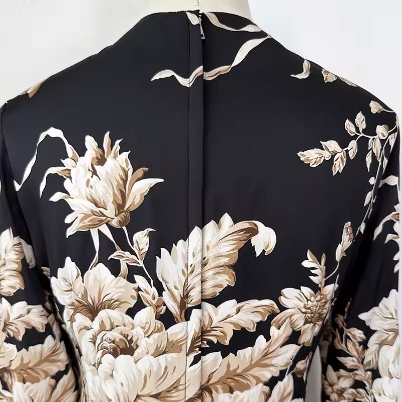Beige roses & leaves print midi cocktail silk long sleeve dress - Dress By Vicky