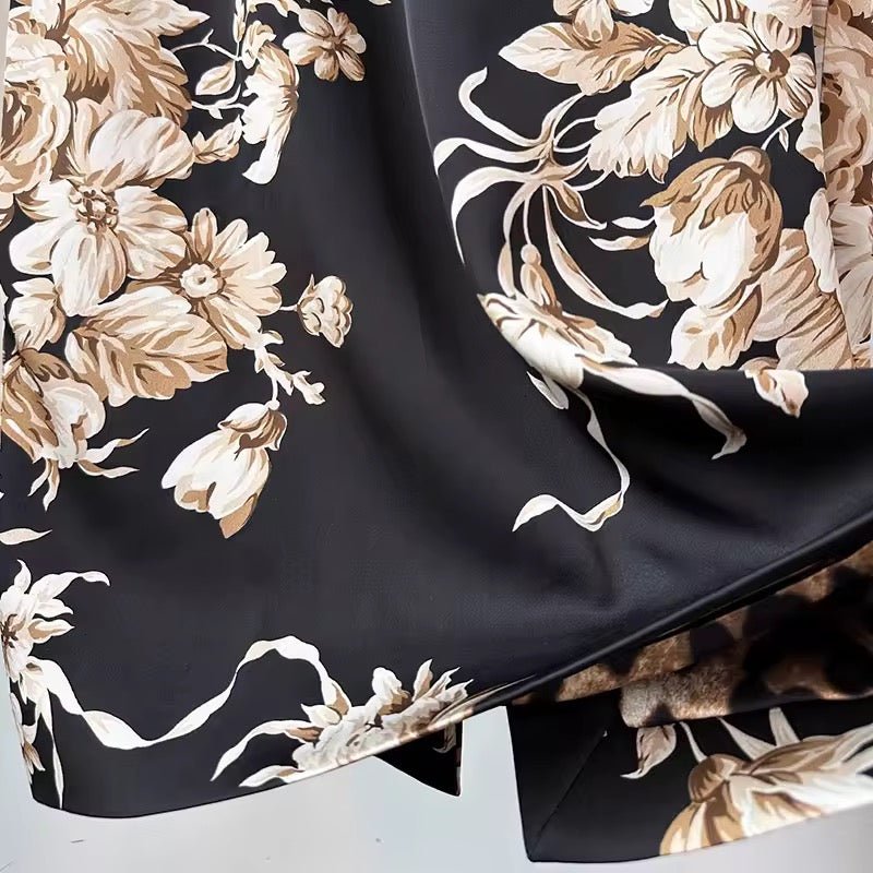 Beige roses & leaves print midi cocktail silk long sleeve dress - Dress By Vicky