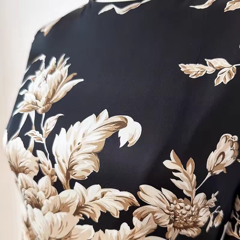 Beige roses & leaves print midi cocktail silk long sleeve dress - Dress By Vicky