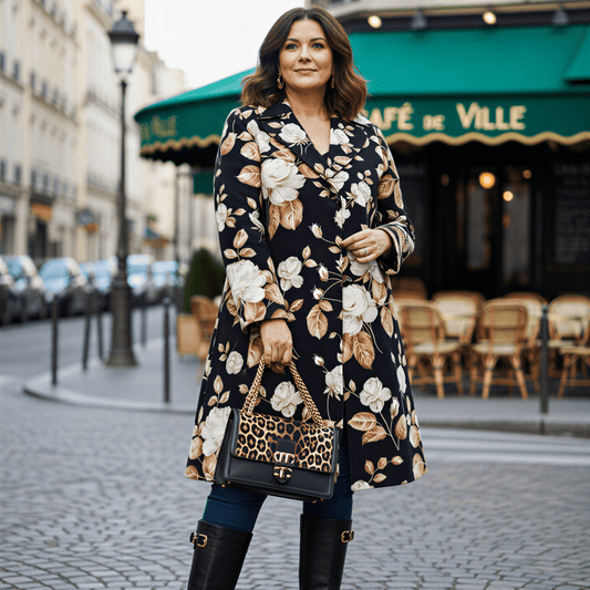 Beige roses print brocade long jacket, overcoat - Dress By Vicky