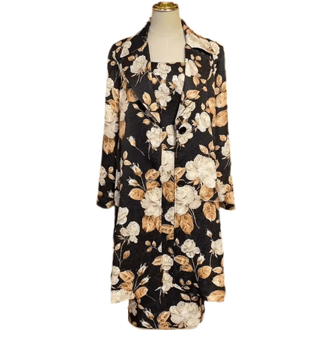 Beige roses print brocade long jacket, overcoat - Dress By Vicky