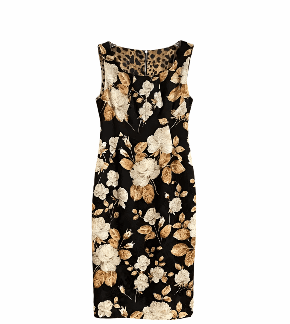 Beige roses print brocade midi cocktail dress - Dress By Vicky
