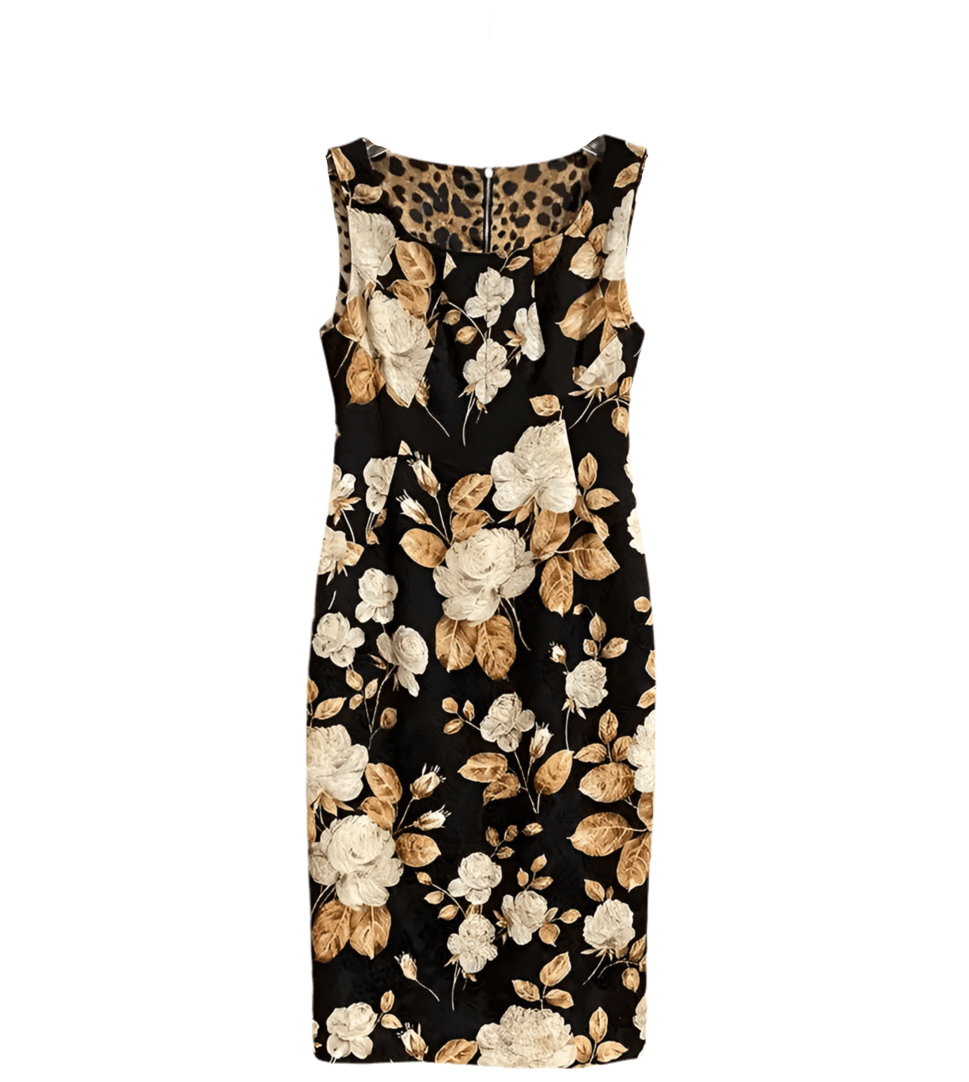 Beige roses print brocade midi cocktail dress - Dress By Vicky