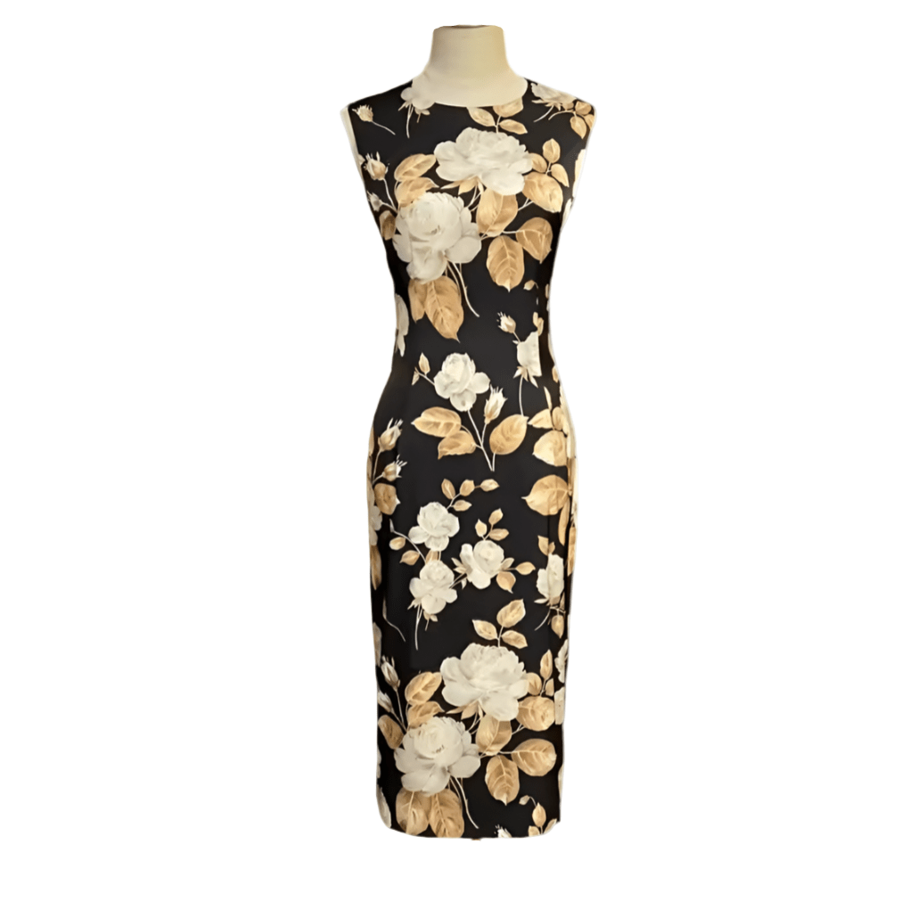 Beige roses print midi cocktail silk dress - Dress By Vicky
