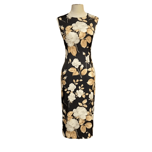 Beige roses print midi cocktail silk dress - Dress By Vicky
