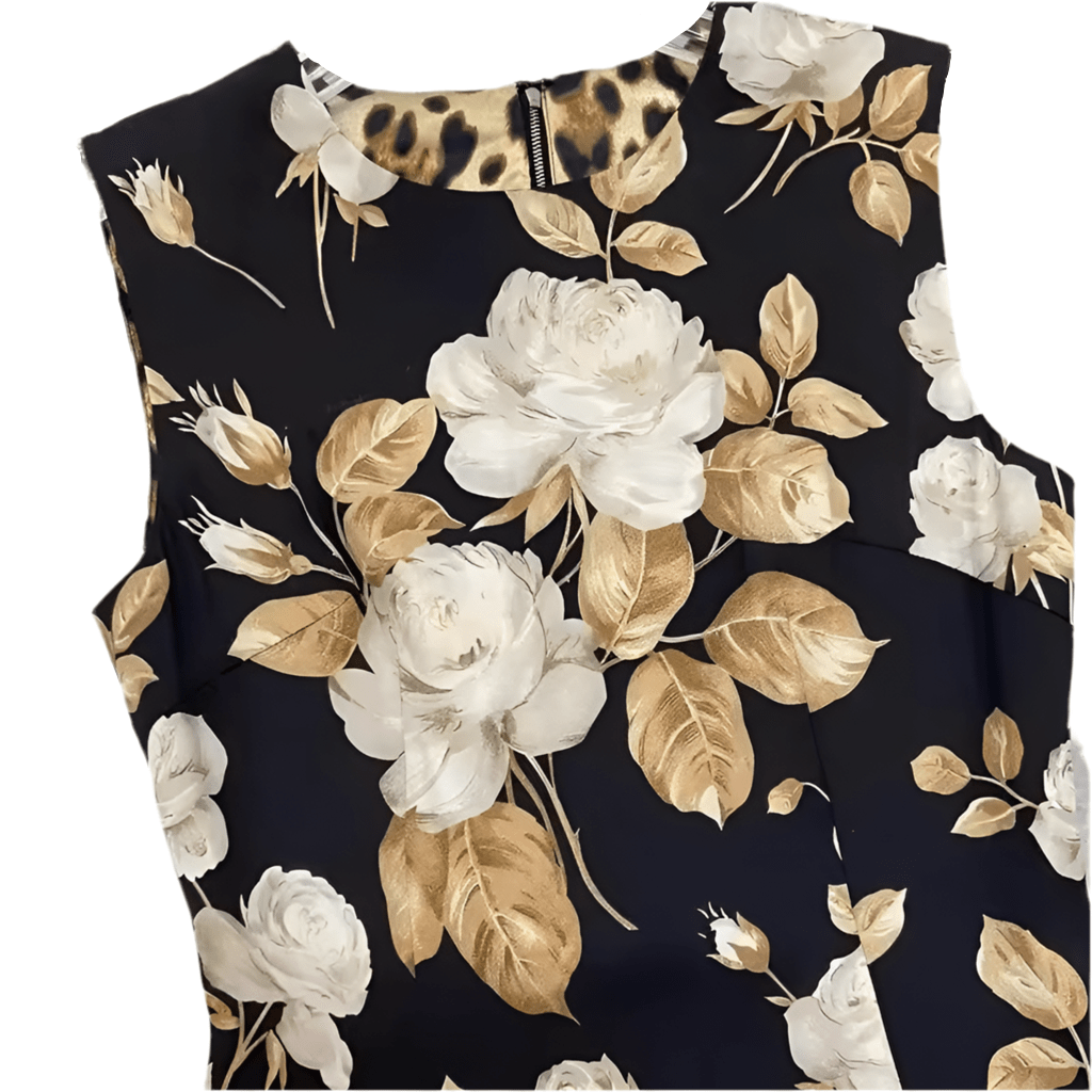 Beige roses print midi cocktail silk dress - Dress By Vicky