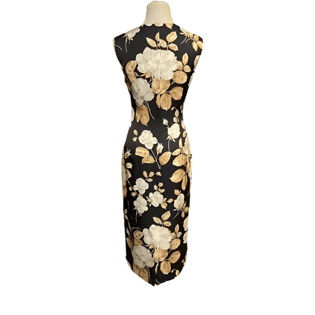 Beige roses print midi cocktail silk dress - Dress By Vicky