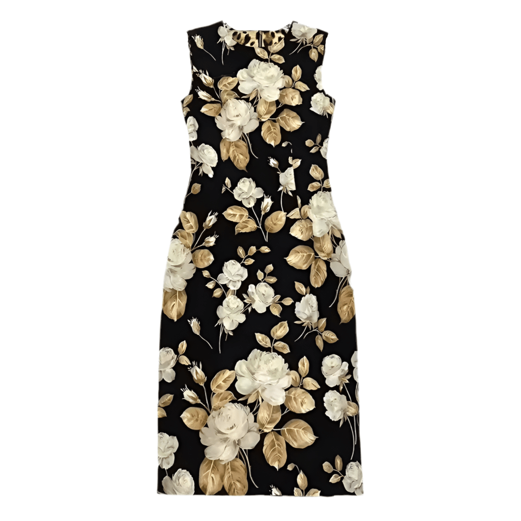 Beige roses print midi cocktail silk dress - Dress By Vicky