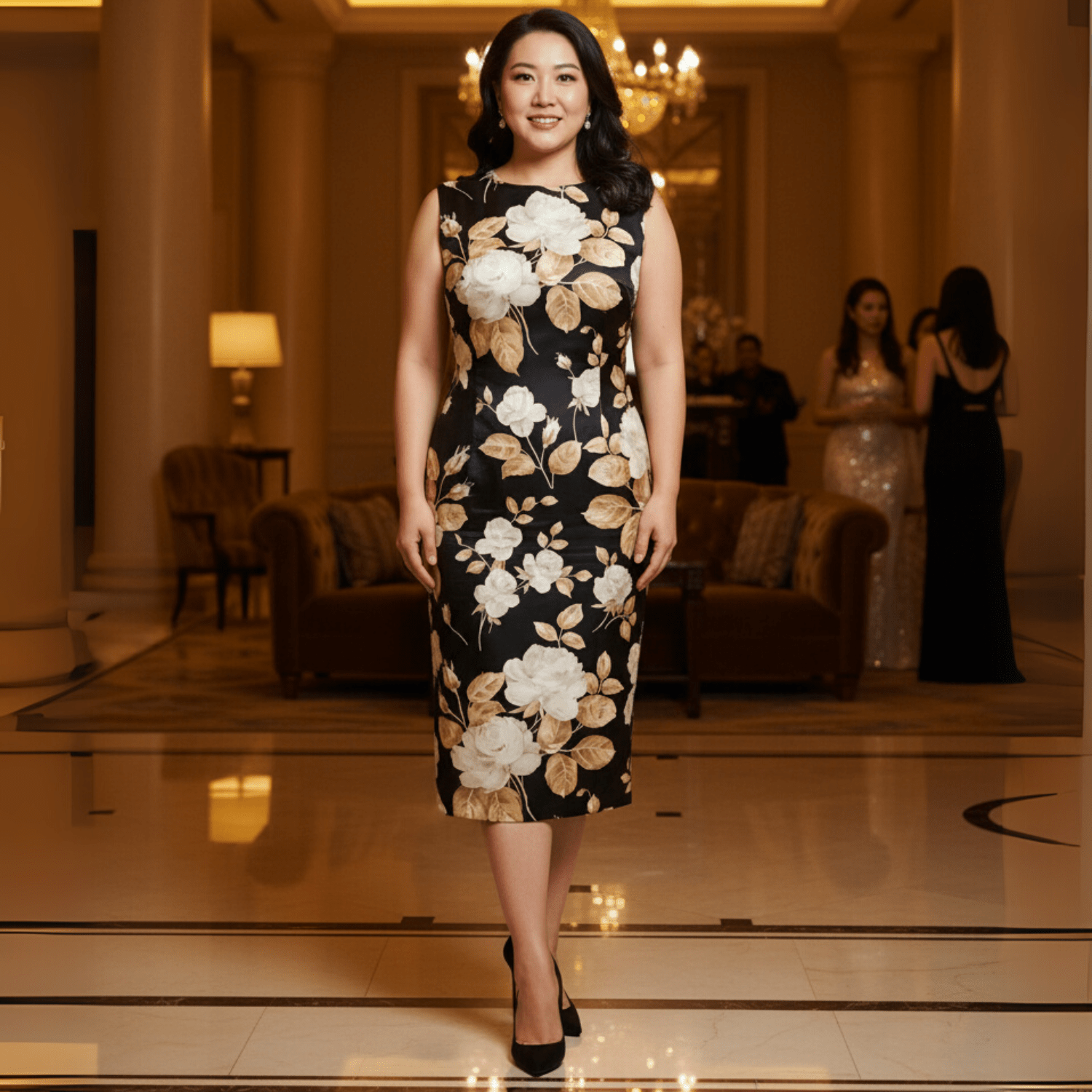 Beige roses print midi cocktail silk dress - Dress By Vicky