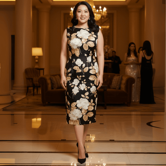 Beige roses print midi cocktail silk dress - Dress By Vicky