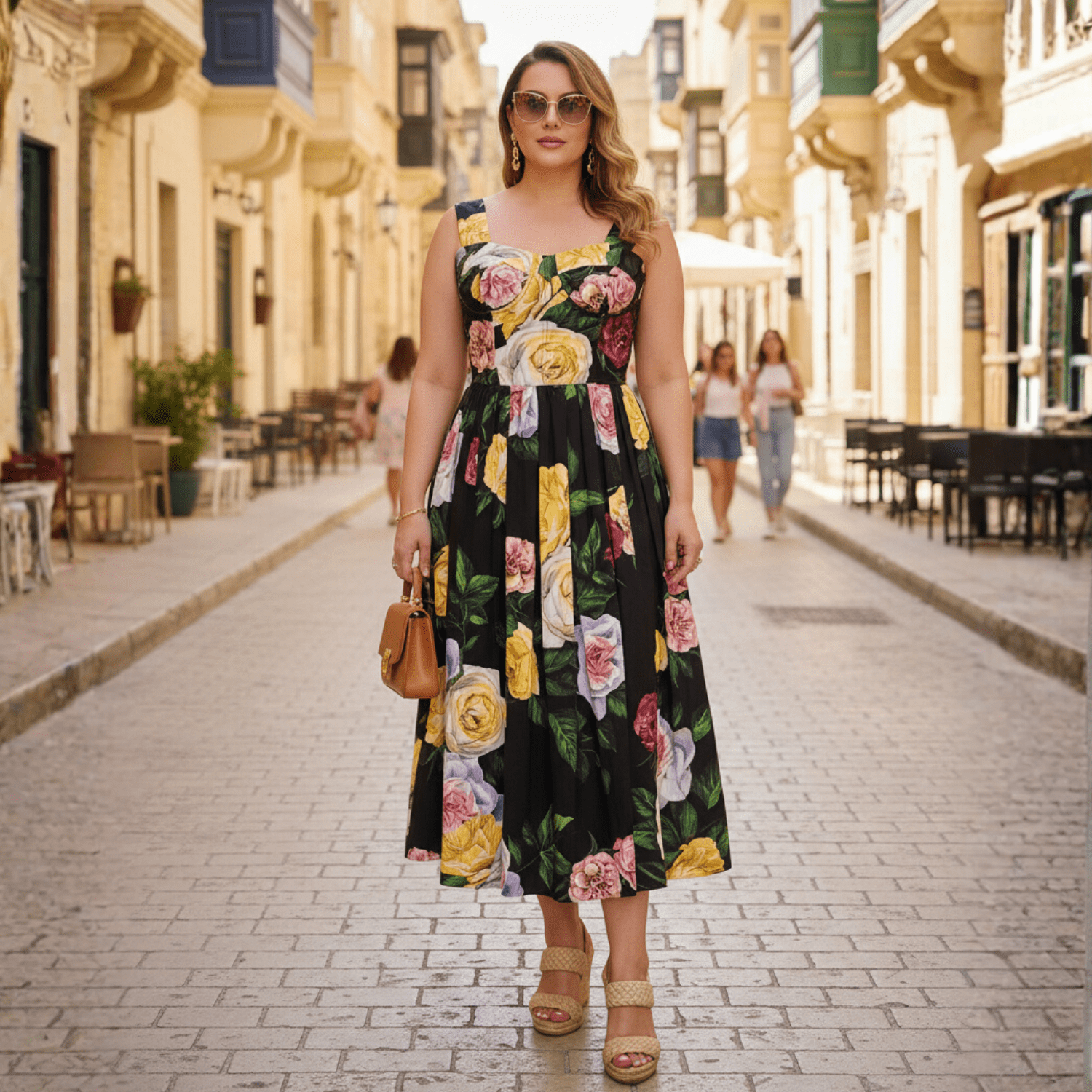 Black floral cotton midi dress with padded cups - Dress By Vicky