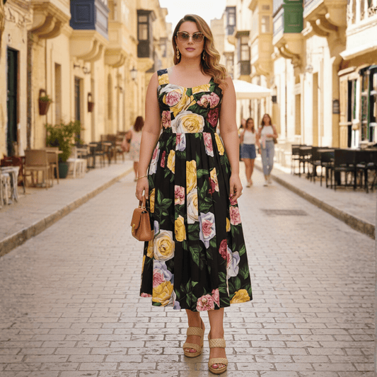 Black floral cotton midi dress with padded cups - Dress By Vicky