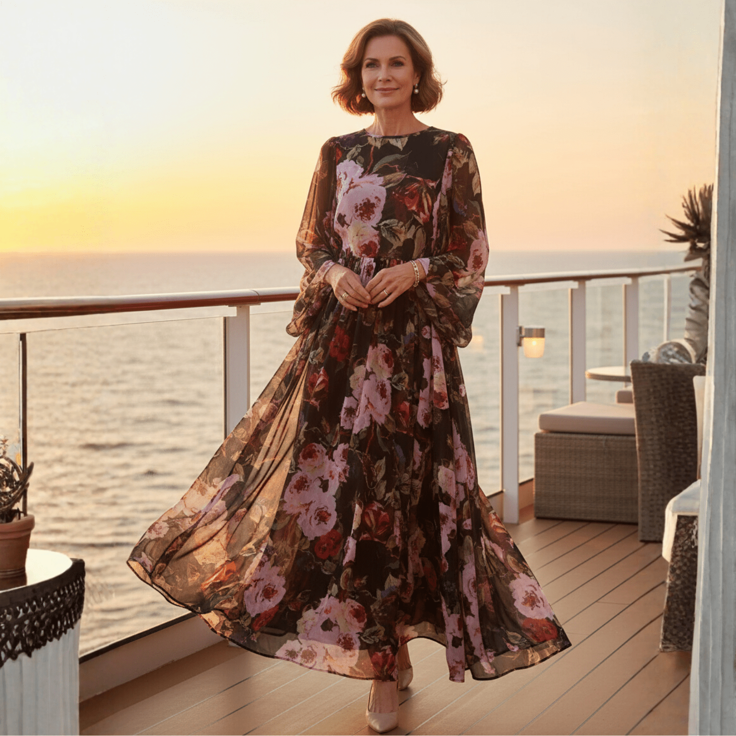 Black Floral Chiffon Maxi Dress with Flared Sleeves for Summer Events – Dress By Vicky