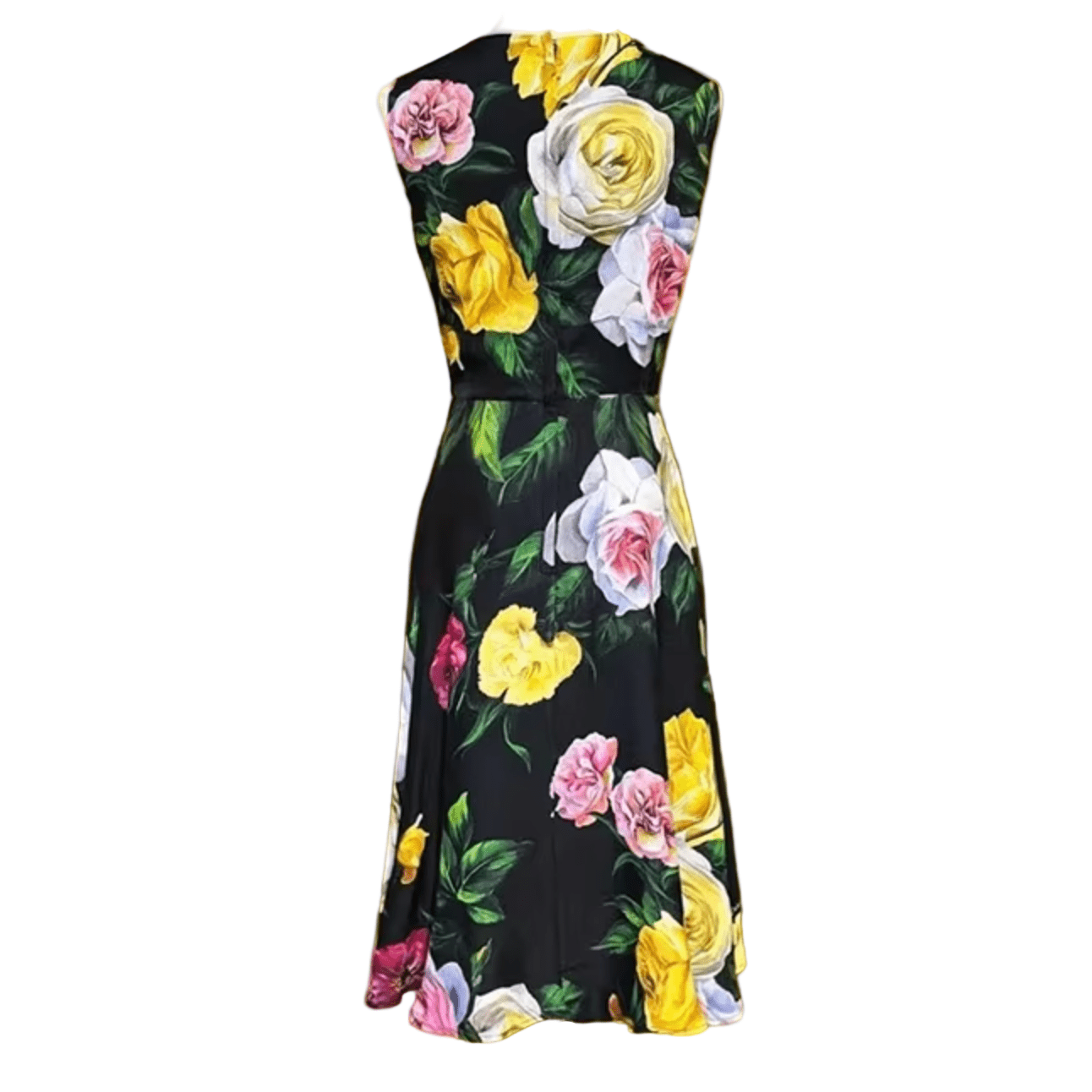 Black Floral Roses print 100% silk midi dress - Dress By Vicky
