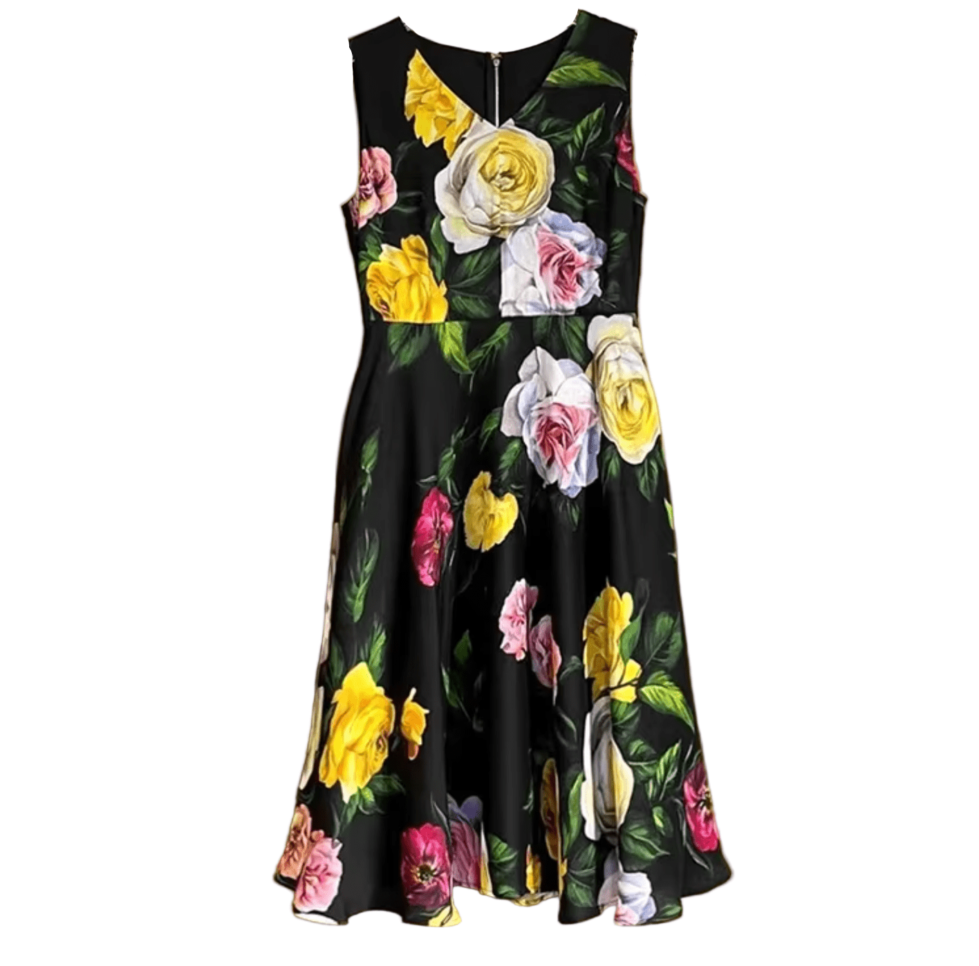 Black Floral Roses print 100% silk midi dress - Dress By Vicky