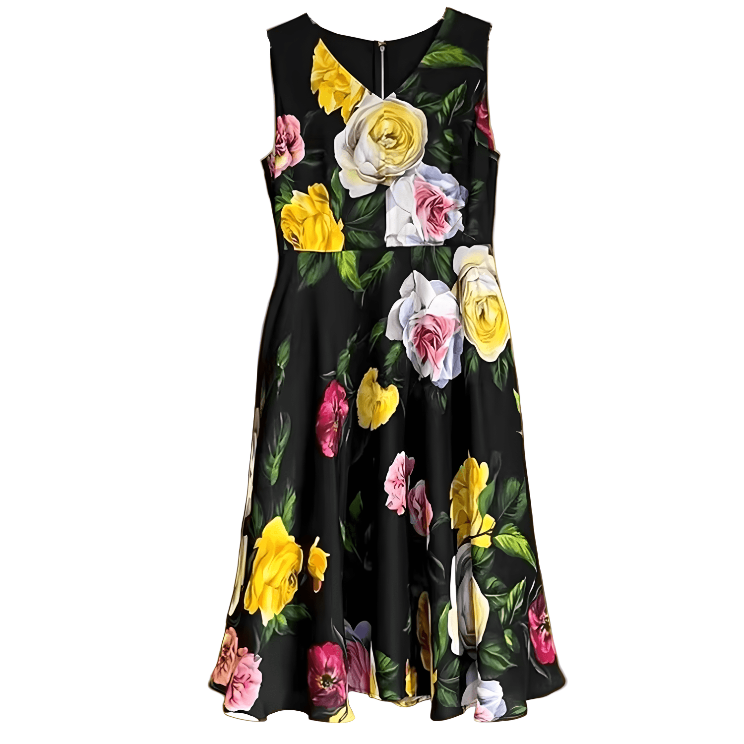 Black Floral Roses print 100% silk midi dress - Dress By Vicky