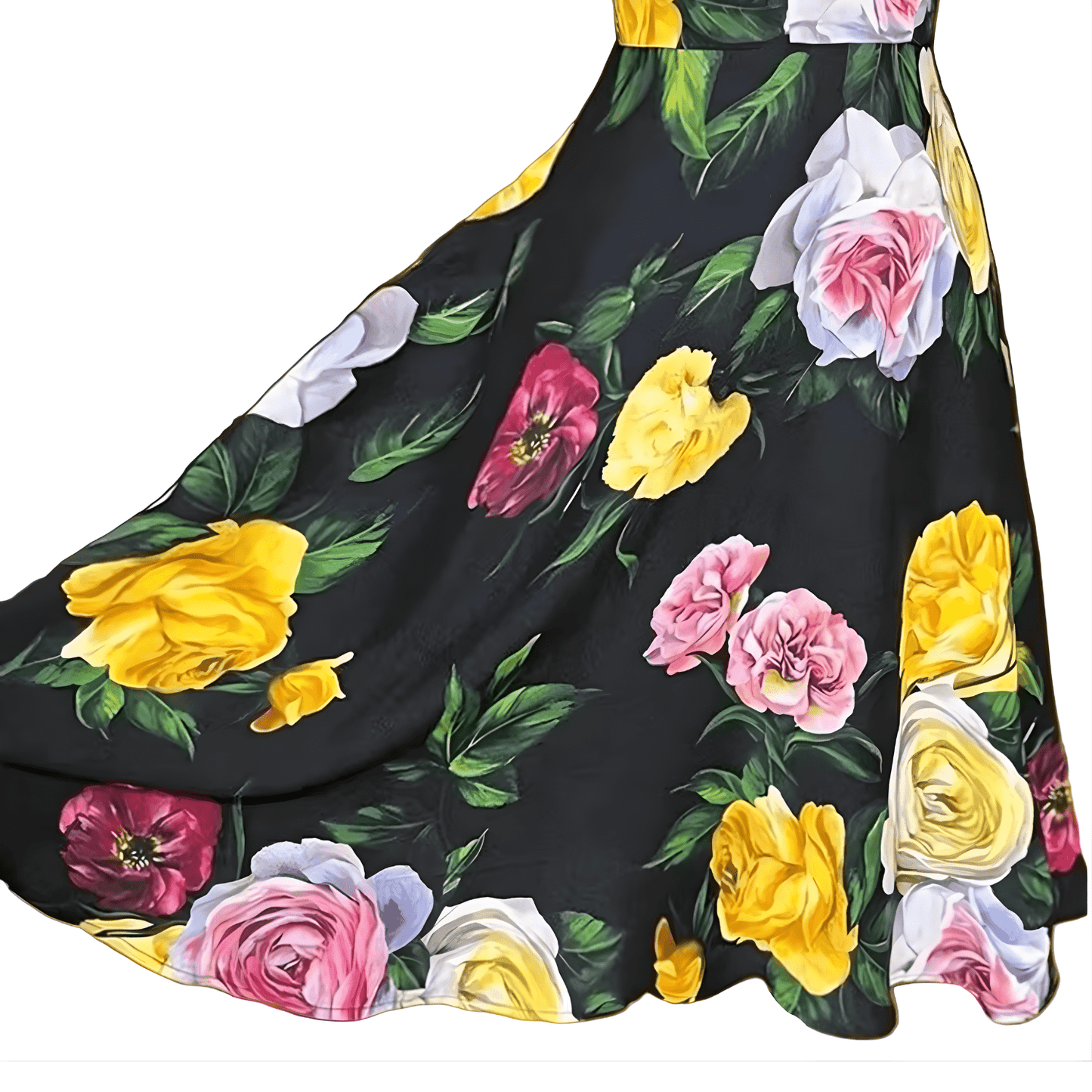 Black Floral Roses print 100% silk midi dress - Dress By Vicky