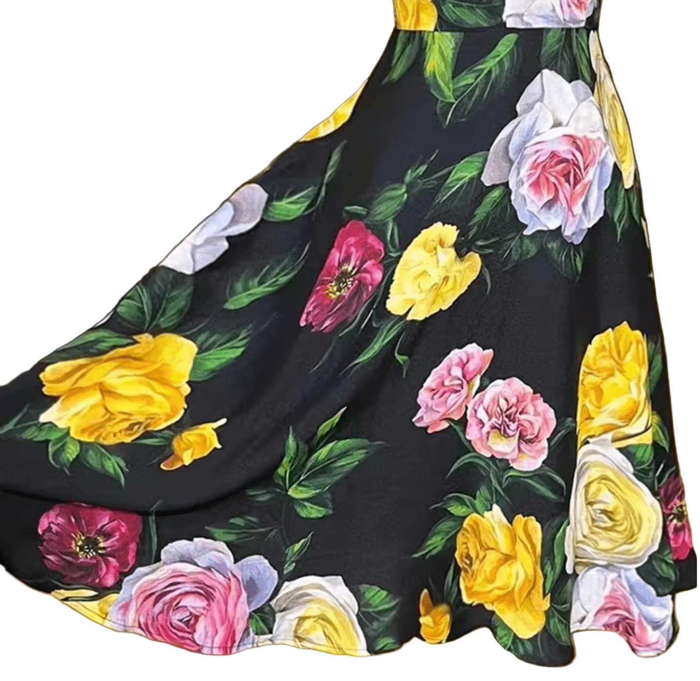 Black Floral Roses print 100% silk midi dress - Dress By Vicky