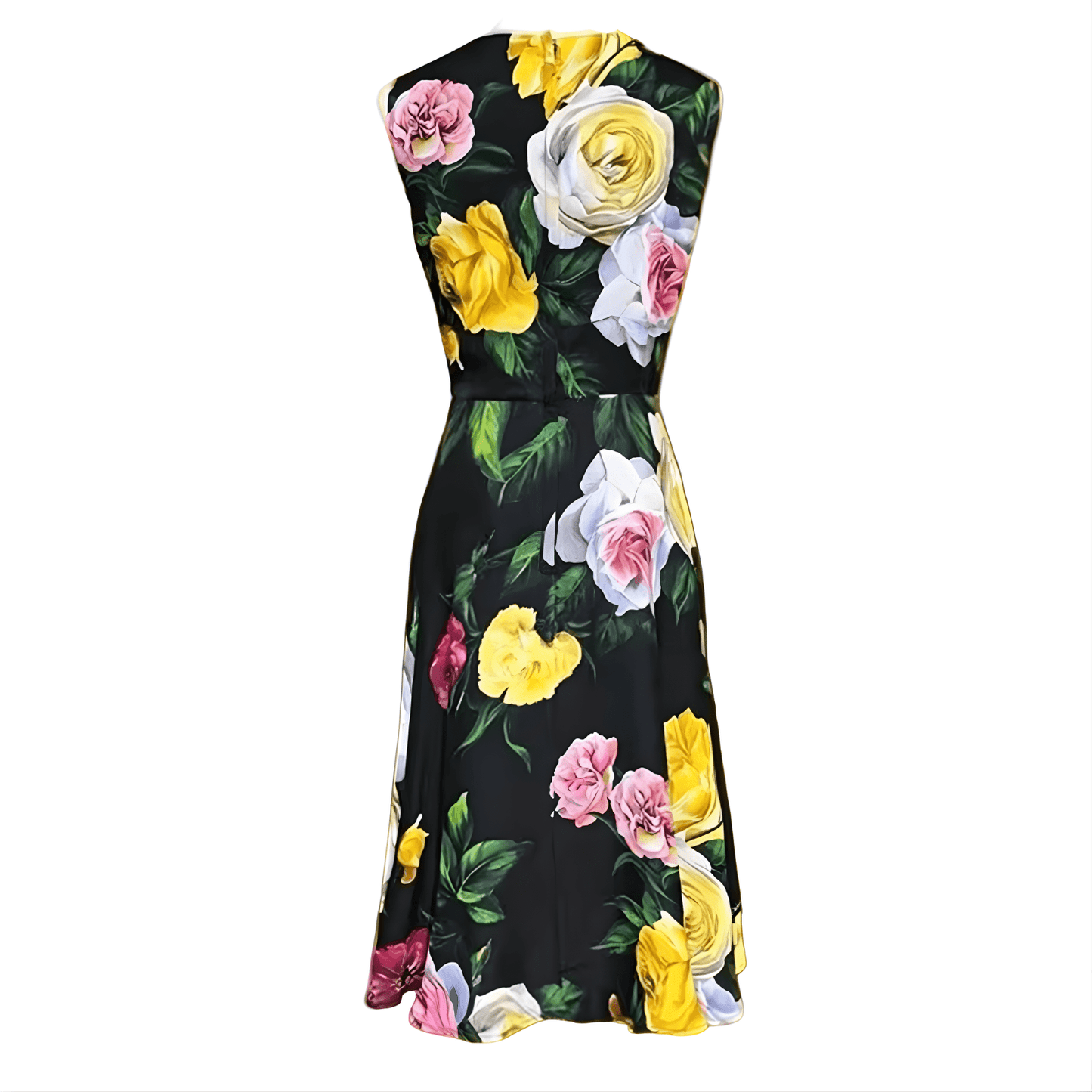Black Floral Roses print 100% silk midi dress - Dress By Vicky