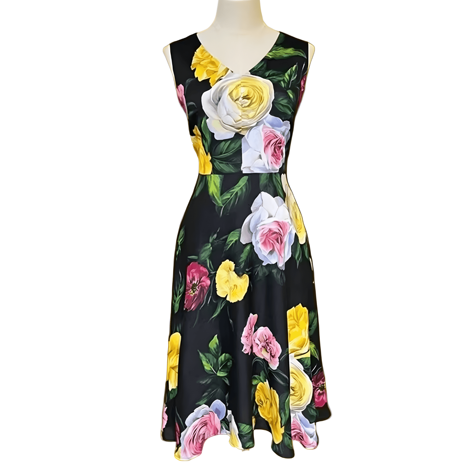 Black Floral Roses print 100% silk midi dress - Dress By Vicky