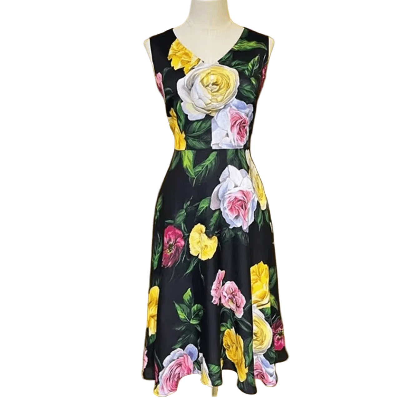 Black Floral Roses print 100% silk midi dress - Dress By Vicky