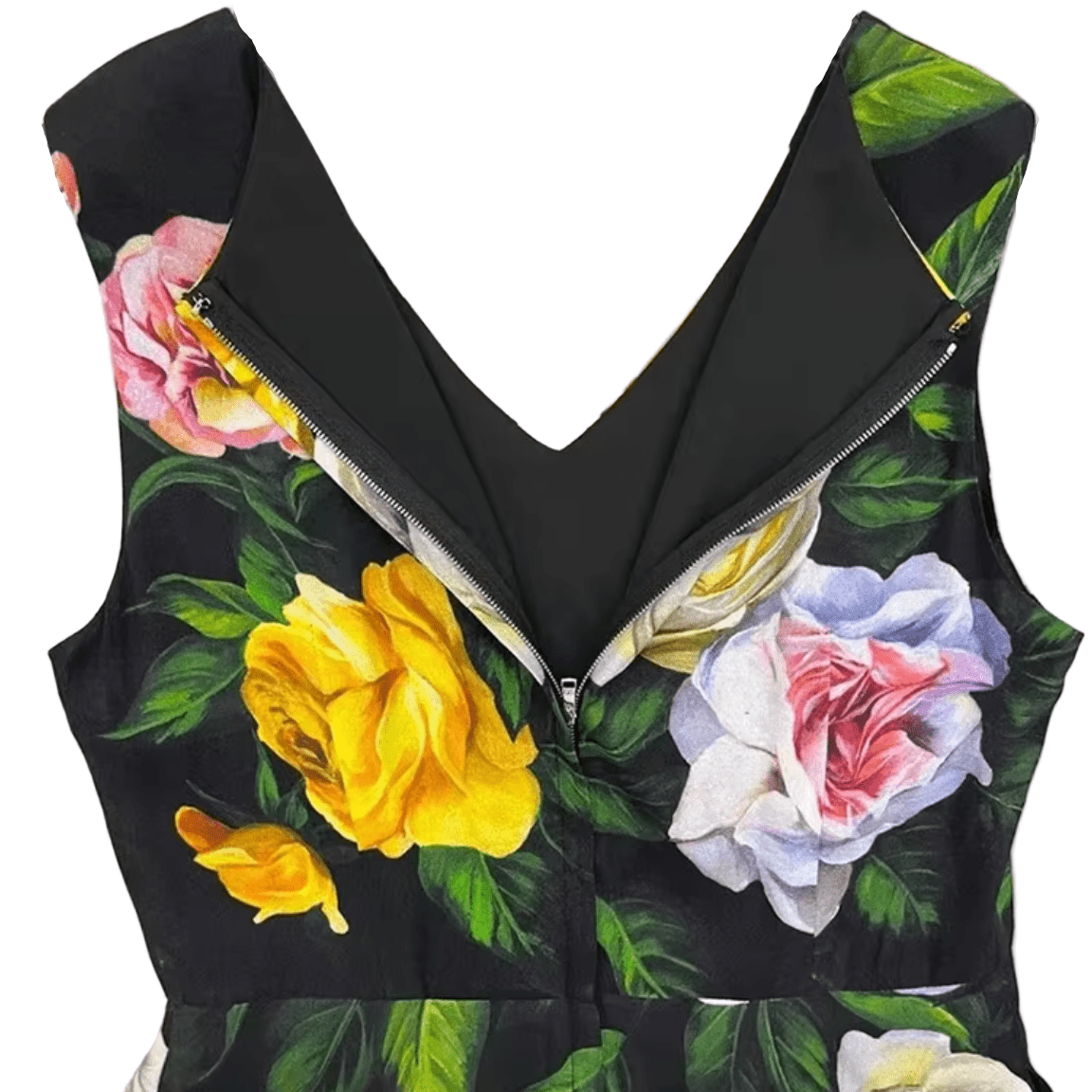 Black Floral Roses print 100% silk midi dress - Dress By Vicky