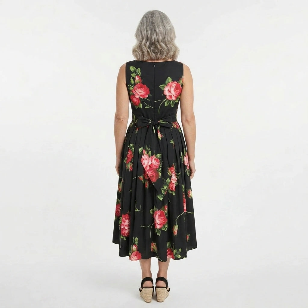 Midnight Roses Cotton Midi Dress with Pockets