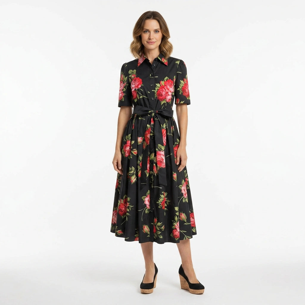 Midnight Roses Cotton Midi Shirt Dress