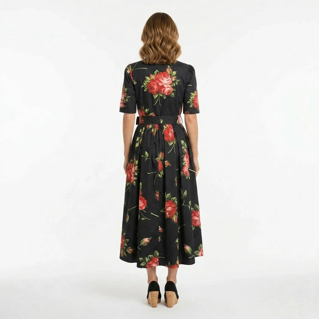 Midnight Roses Cotton Midi Shirt Dress