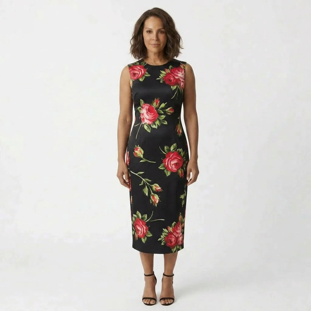 Midnight Roses Floral Silk Midi Dress