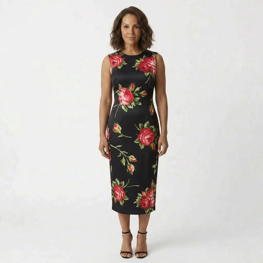 Midnight Roses Floral Silk Midi Dress