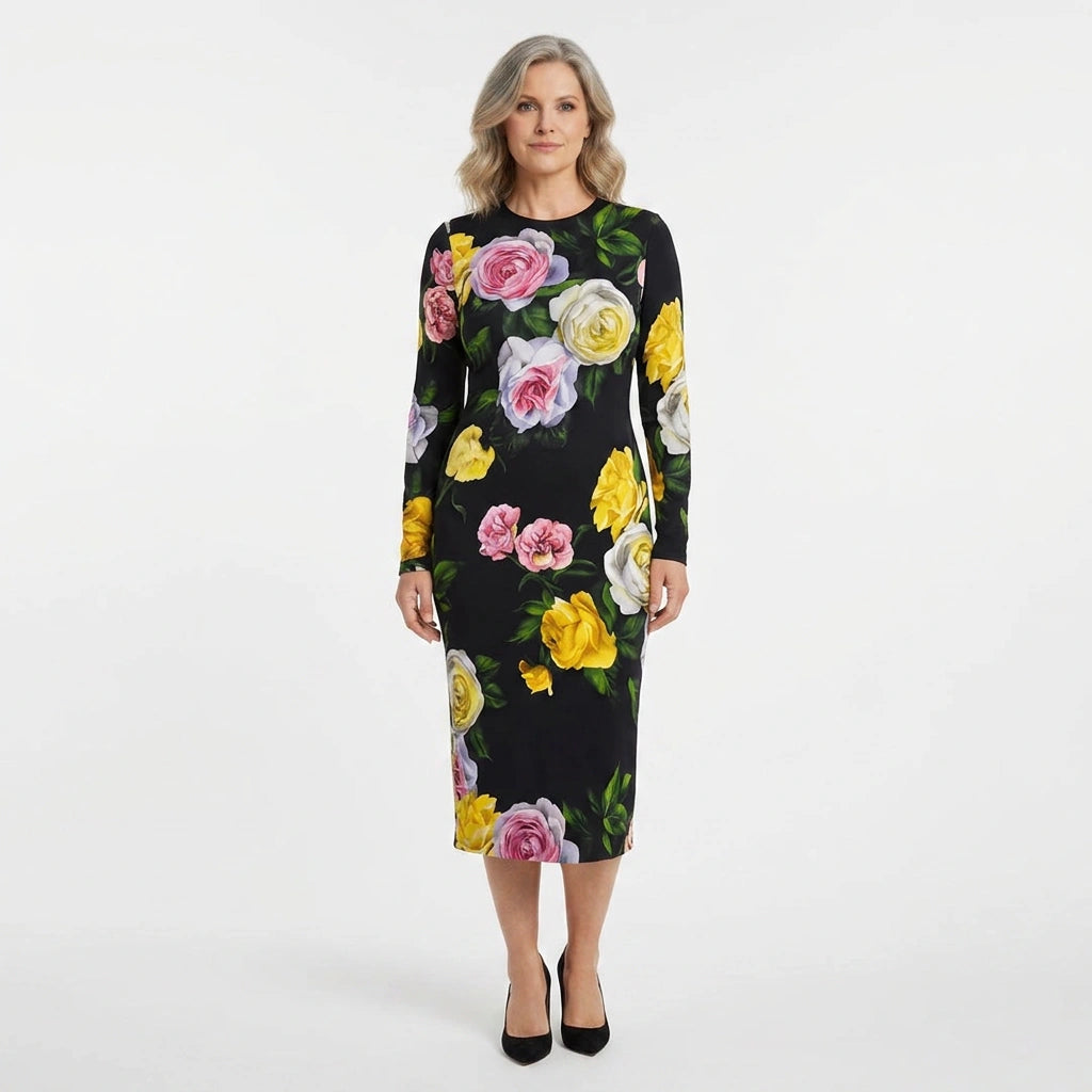 Long Sleeve Silk Midi Dress in Floral Rose Print
