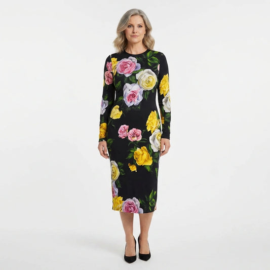 Long Sleeve Silk Midi Dress in Floral Rose Print