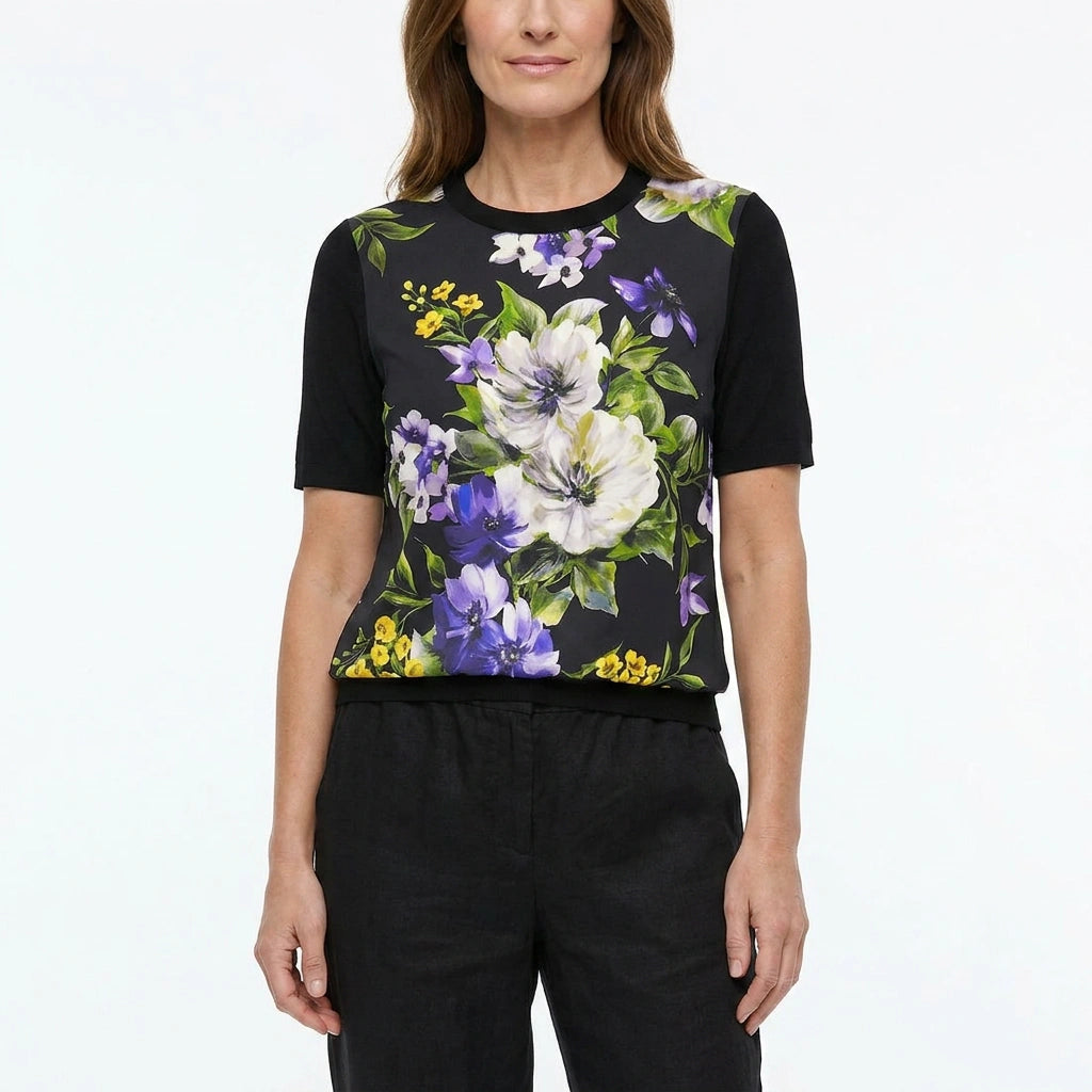 Italian Summer Black Floral Silk & Wool Knitted Top