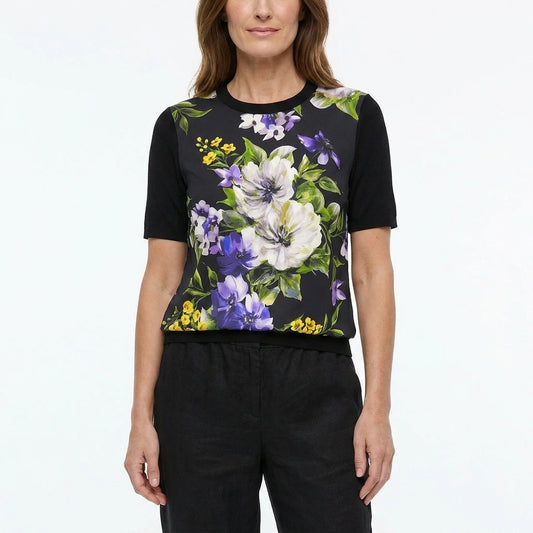 Italian Summer Black Floral Silk & Wool Knitted Top