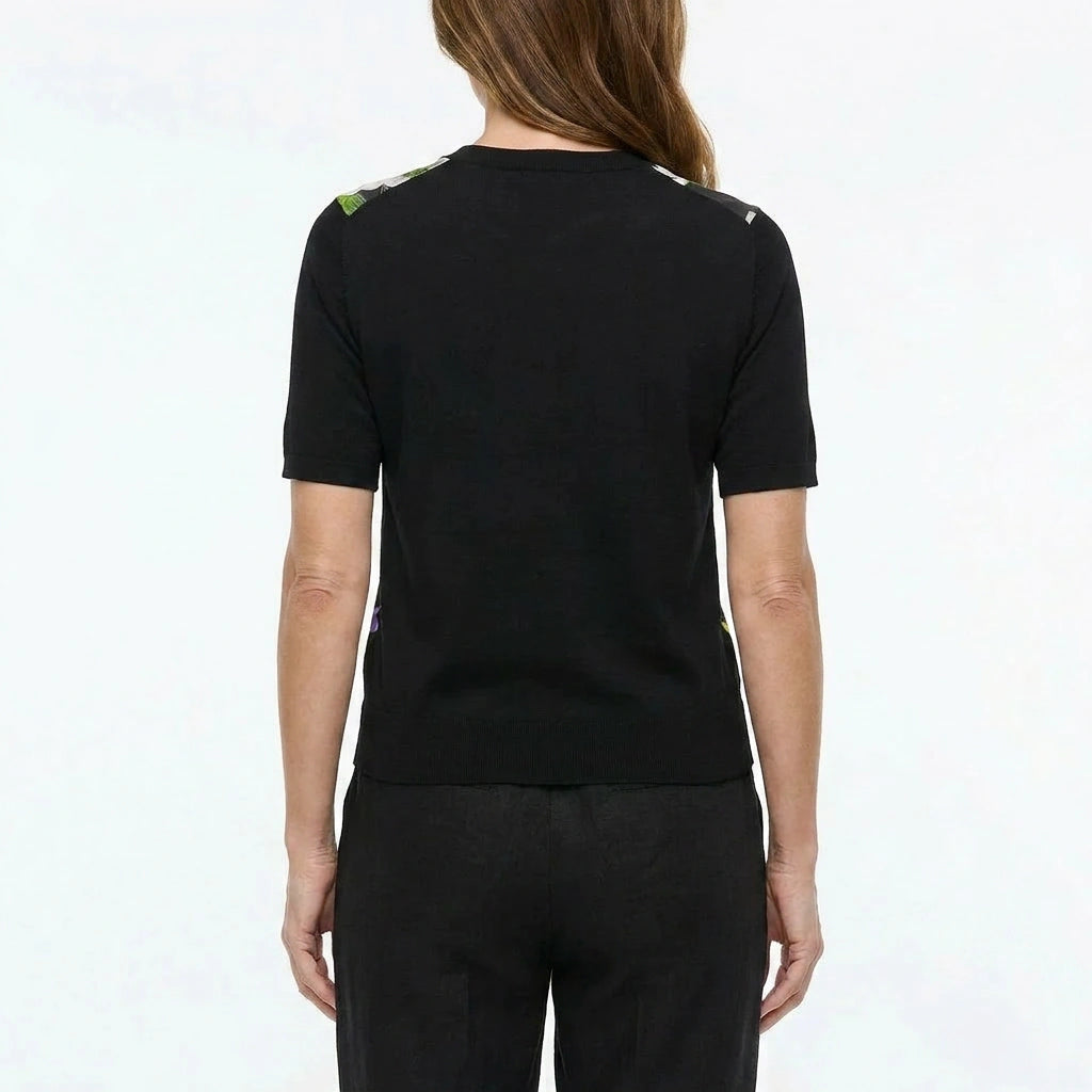 Italian Summer Black Floral Silk & Wool Knitted Top