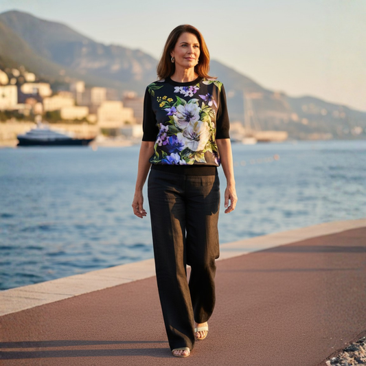 Italian Summer Black Floral Silk & Wool Knitted Top