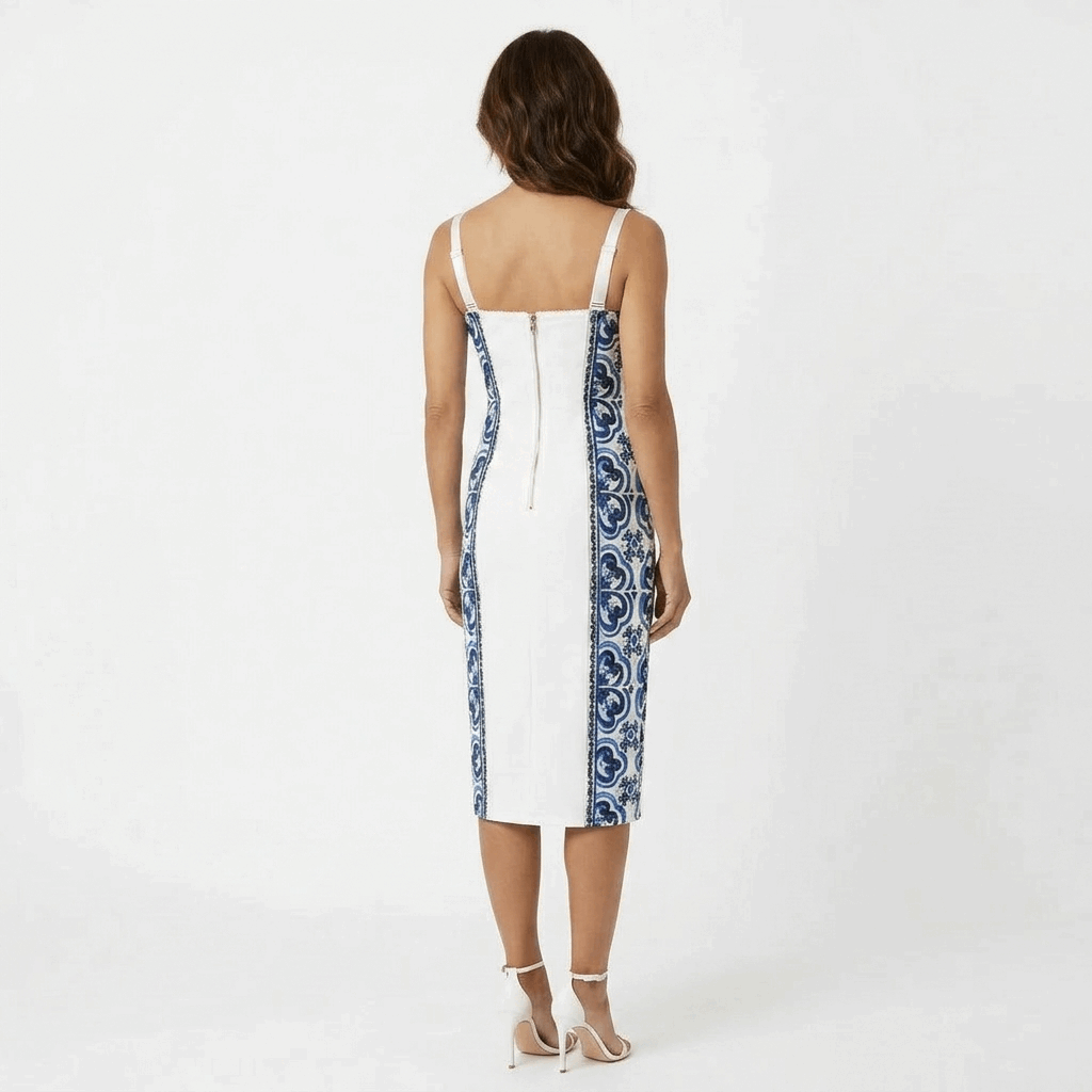 Blue Majolica Print Lingerie Style Silk Midi Dress