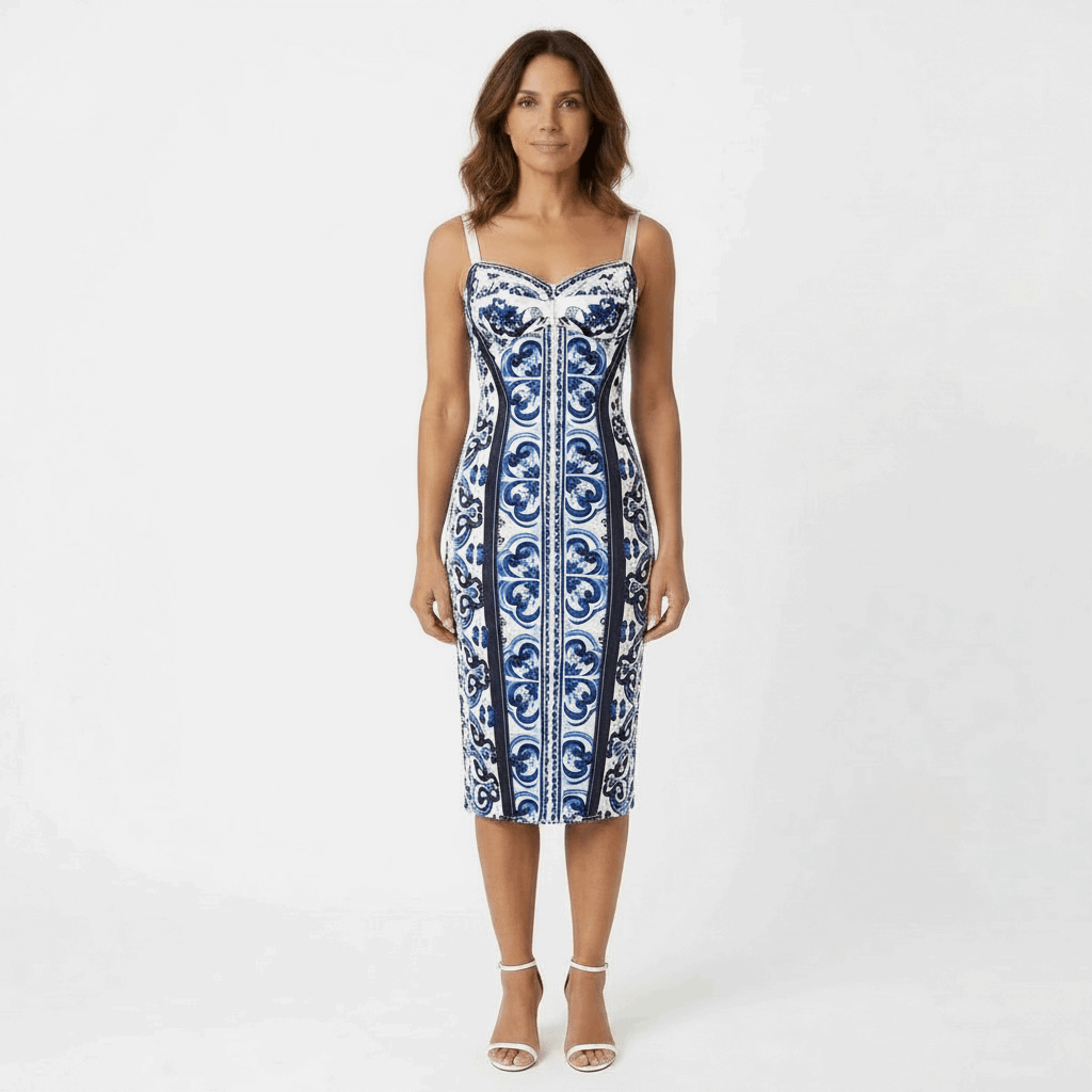 Blue Majolica Print Lingerie Style Silk Midi Dress