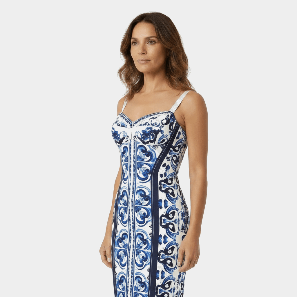 Blue Majolica Print Lingerie Style Silk Midi Dress