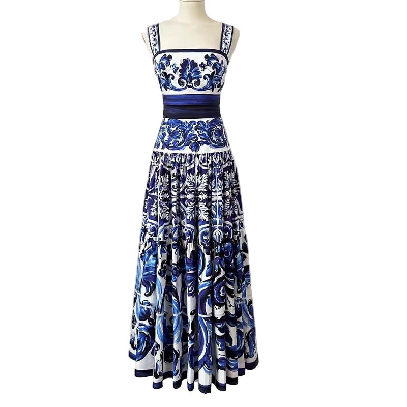 Blue Majolica Porcelain print 100% cotton 3 tier gathered skirt - Dress By Vicky