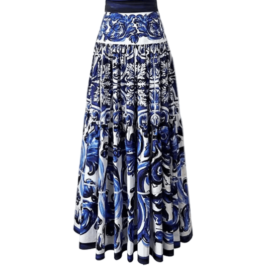 Blue Majolica Porcelain print 100% cotton 3 tier gathered skirt - Dress By Vicky
