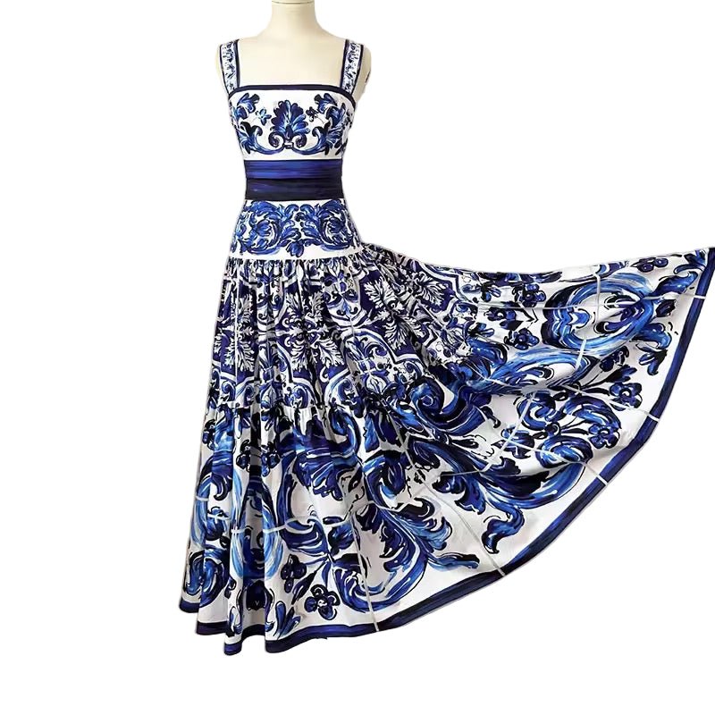 Blue Majolica Porcelain print 100% cotton 3 tier gathered skirt - Dress By Vicky
