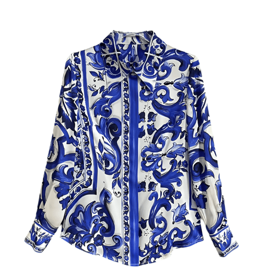 Blue Majolica porcelain print 100% silk long sleeve shirt - Dress By Vicky