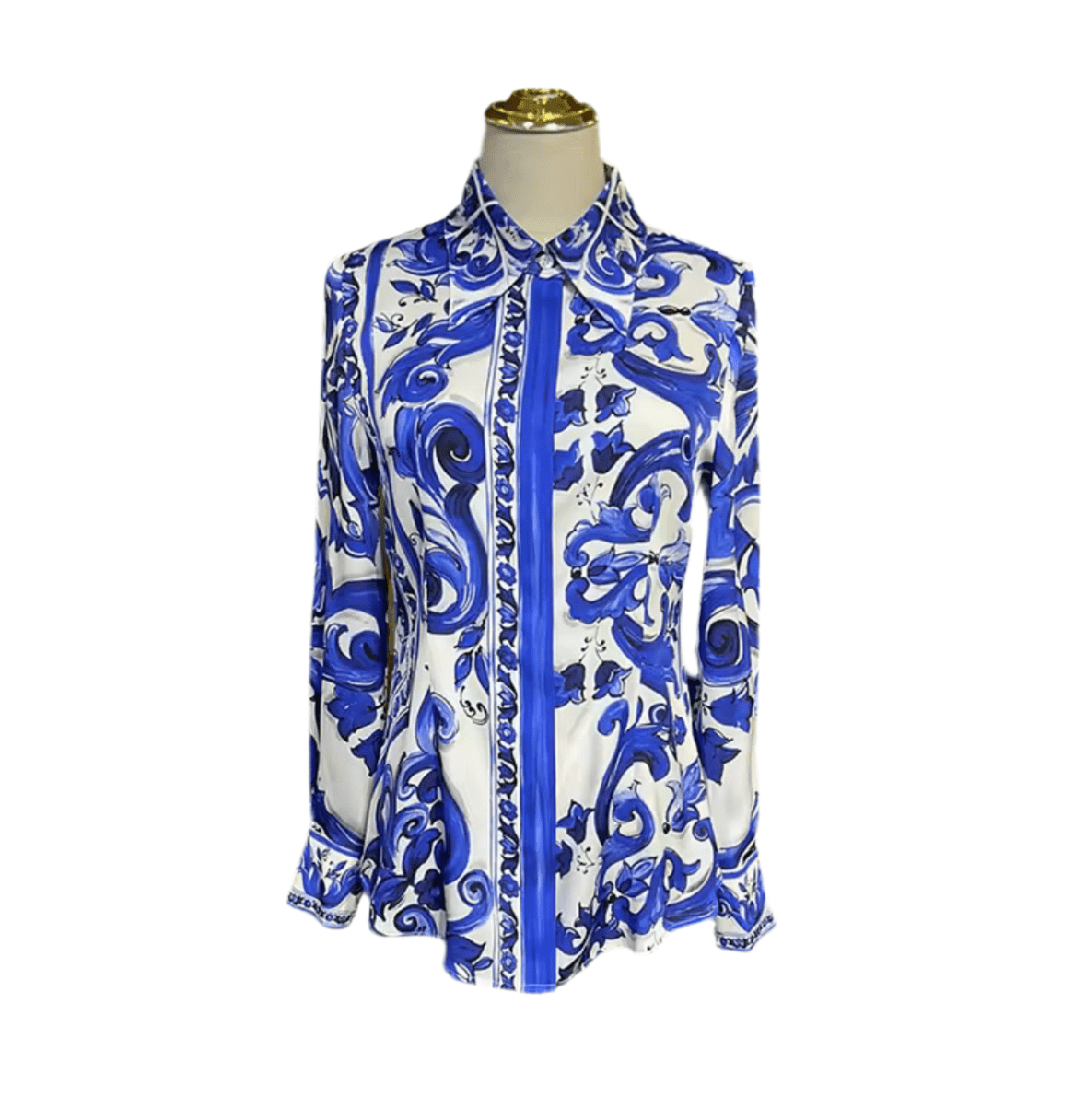 Blue Majolica porcelain print 100% silk long sleeve shirt - Dress By Vicky